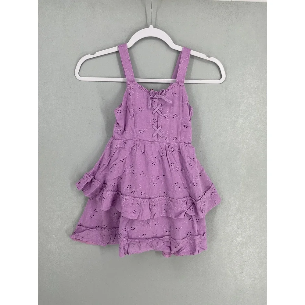 Justice Girls Tiered Eyelet Dress Violet Purple Lace Up Boho XS 5/6